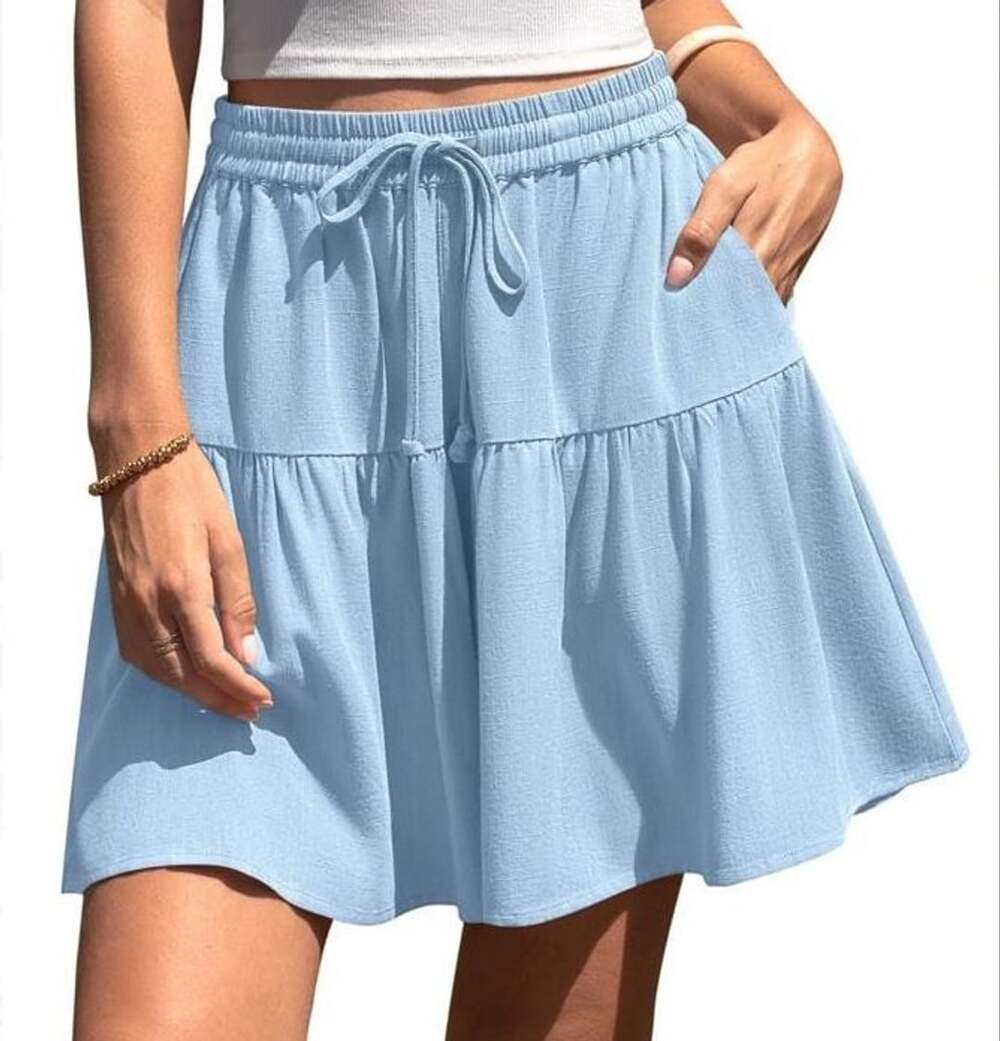 TARSE Women's Linen Skirt Pants Aqua Blue Flowy Shorts